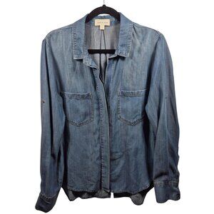 Anthropologie Cloth & Stone Top Womens L Blue Tencel Button Down Long Sleeve